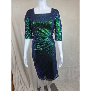 Sequin Cocktail Dress Square Neck 3/4 Sleeve Iridescent Green Purple Belle Pogue
